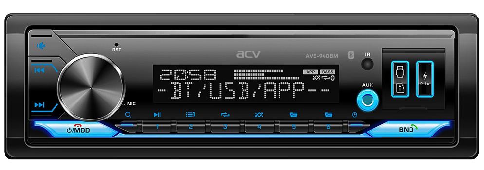 Авто MP3 ACV AVS-940BM 4x50Вт / BT/ 2USB/ SD/ AUX/ FM/ 6RCA цветная подсветка