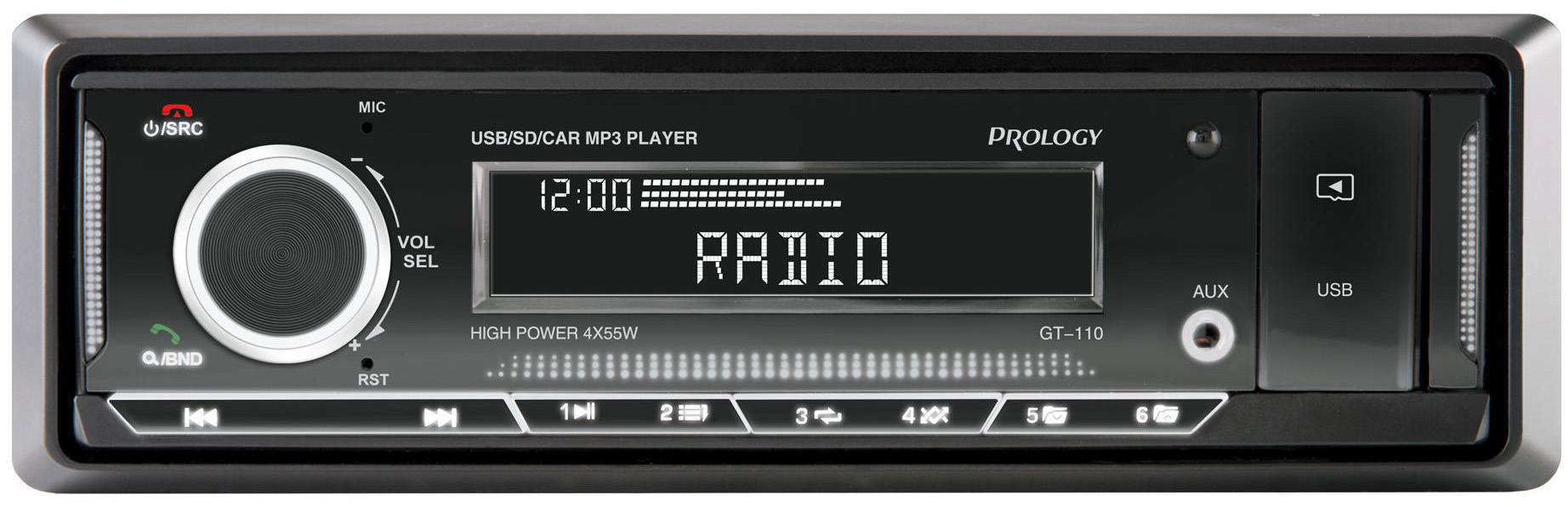 Авто MP3 PROLOGY GT-110 4x55Вт / BT/ USB/ SD/ AUX/ FM/ 4RCA белая подсветка
