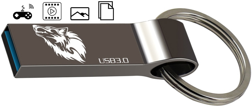 Флэш-накопитель информации USB 3.0 32 GB ''волк'', стальной корпус, кольцо