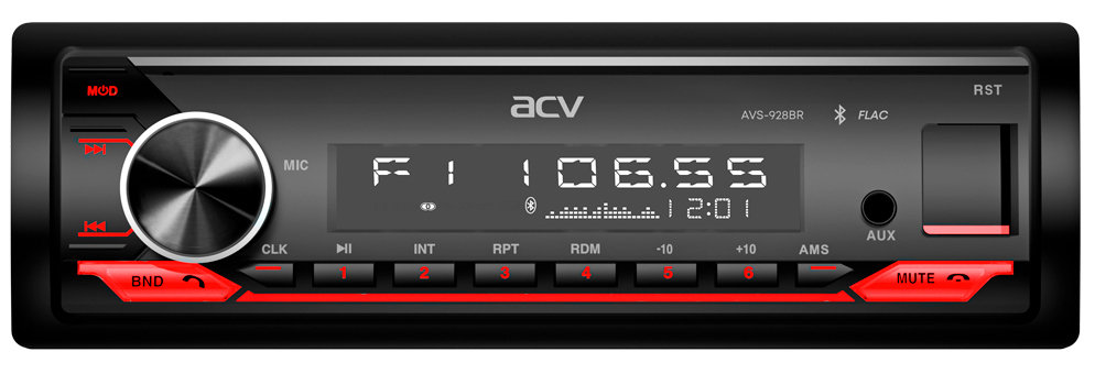 Авто MP3 ACV AVS-928BR 4x50Вт / BT/ USB/ SD/ AUX/ FM/ 4RCA красная подсветка