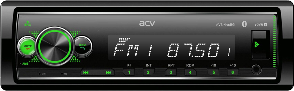 Авторесивер MP3 ACV AVS-946BG 4x45Вт 24в / BT/ USB/ SD/ AUX/ FM/ 4RCA зелёная подсветка