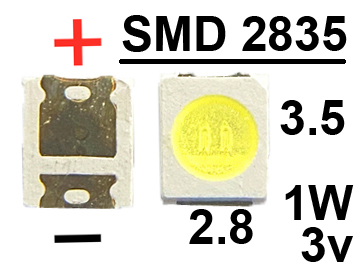 Светодиод SMD белый 2835 3v 1W 400mA 6500K, плюс широкий, для подсветки экранов TV / SBWVT120E REPLACE SEOUL/ 