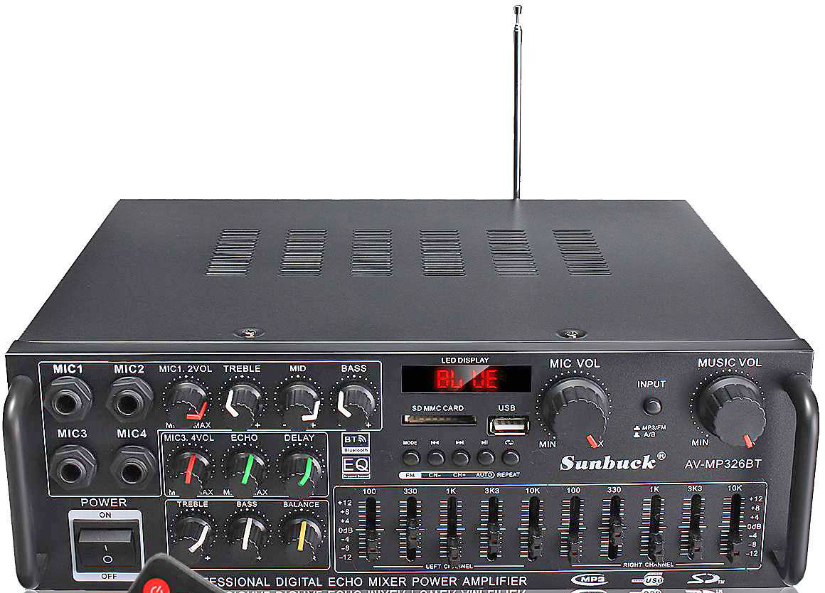 Усилитель SUNBUCK AV-326BT ~30Вт 4 ома, 2 канала, эквалайзер, микшер, эхо, Блютуз, USB? SD, радио