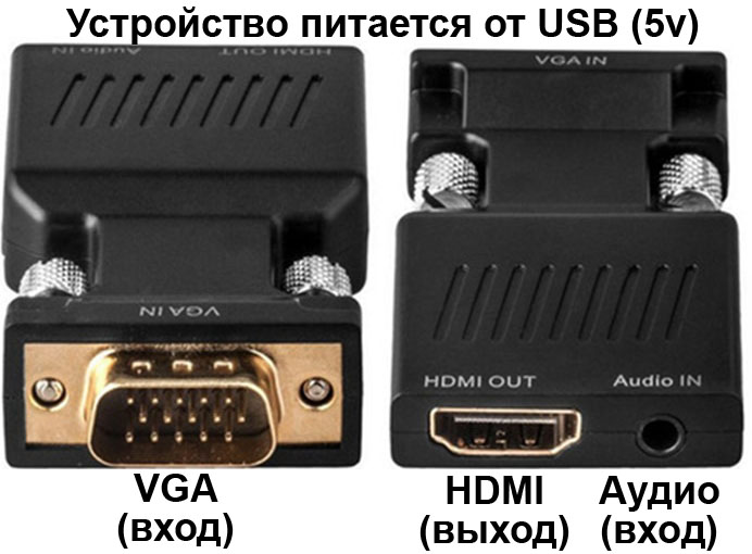 824a Адаптер-переходник RANKMAN VGA(п) ->HDMI с кабелем, питанием 5v microUSB+AUX. 2 шнура в комплекте, 