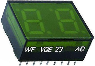 Дисплей СИД WF VQE 23F AD двухразрядный 25x20мм зелёный общий катод, точки сверху и снизу. 