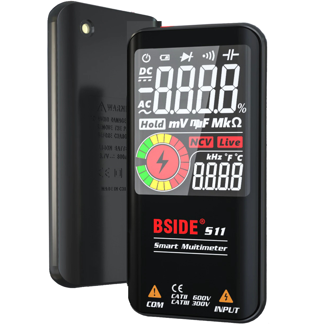 Мультиметр-автомат BSIDE S11 карманный, на аккумуляторе, напряжение ±/~ до 600v, Сопротивление до 60 mOm, ёмкость до 100 mF, частотомер, прзвонка, диоды, бесконтактный датчик напряжения NCV, термометр