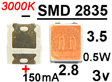 Светодиод SMD белый теплый 2835 3v 0.5W 3000K 150 mA, 1шт 