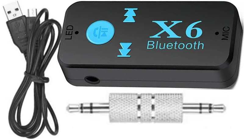 Адаптер BLUETOOTH X6 Выход на AUX, + Читает флэшки MicroUSB, Питается от USB, встроенный микрофон