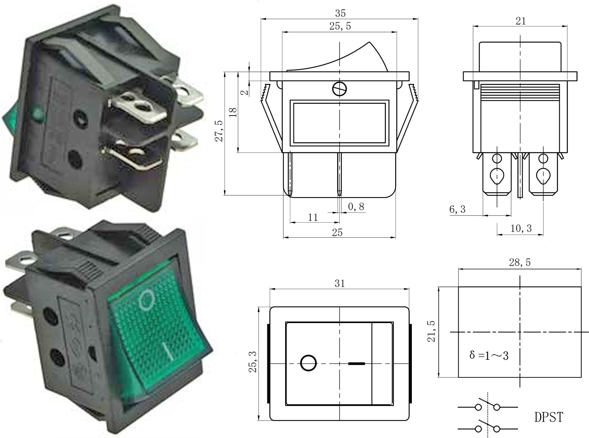 KR34b ����������� �� 2 ��������� KCD4-201N-C3-G/4P on-off 4pin 250� 5A � ���������� 31x25.3 ��, � ���. 28,5�21,5 �� 