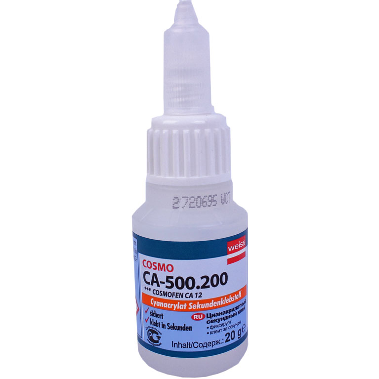 Клей COSMO CA-500.200 моментальный, цианокрилат 20 грамм. Рекомендуется хранить в морозилке. Произведено в Германии