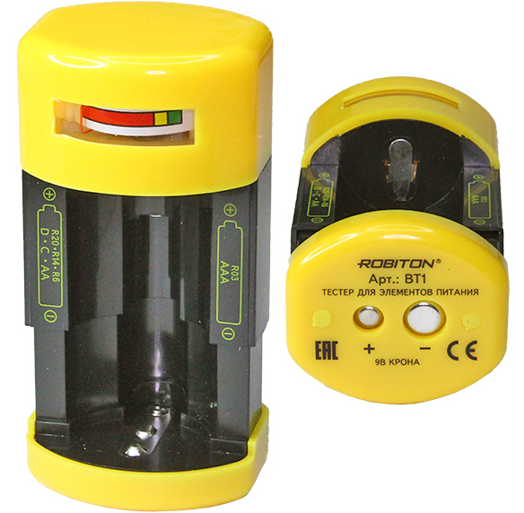 Тестер для батареек ROBITON BT1: AA/R6, C/R14, D/R20, 9v/крона., 