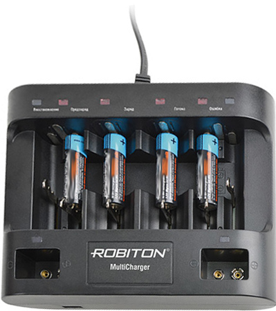 Зарядное устройство ROBITON MultiCharger Многоканальное универсальное автоматическое зарядное устройство для аккумуляторов разных размеров Заряжает 1-6 Ni-Cd и Ni-MH аккумулятора размера AA и AAA 1-4 аккумулятора C и D и 1-2 аккумулятора «Крона» 9В, Микропроцессорный контроль USB-выход для заряда USB-устройств 