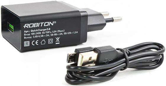 Зарядное устройство USB 5v 3.0A ROBITON QuickCharger 3.0 + кабель microUSB, 