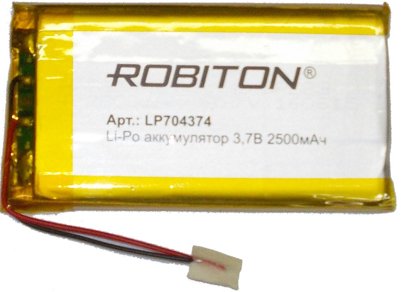 Аккумулятор 3.7В 2500мАч ROBITON LP704374 размеры 77х42х6,3 мм 