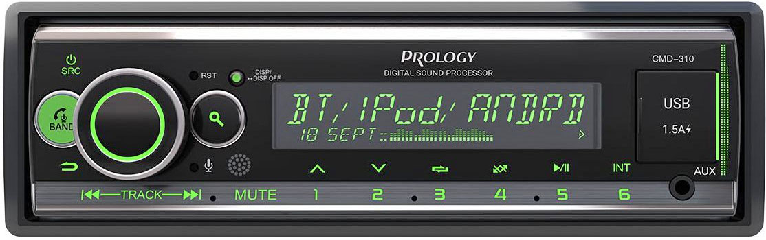 Авторесивер MP3 PROLOGY CMD-310 4x55 Вт / BT/ USB/ SD/ AUX/ FM/ 6 RCA/ процессор DSP/ цветная подсветка