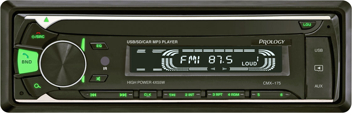 Авторесивер MP3 PROLOGY CMX-175 4x55 Вт / BT/ USB/ SD/ AUX/ FM/ 4 RCA зеленая подсветка
