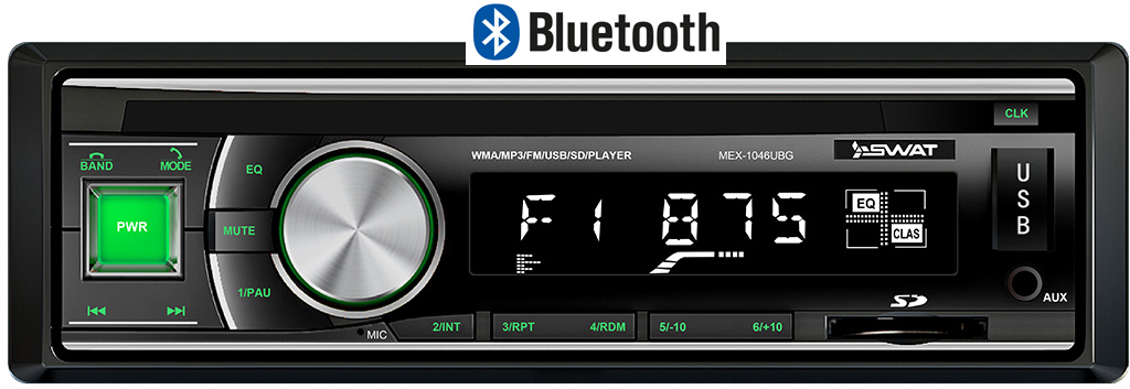 Авторесивер MP3 SWAT MEX-1046UBG 4x50Вт / BT/ USB/ SD/ AUX/ FM/ 4RCA зеленая подсветка