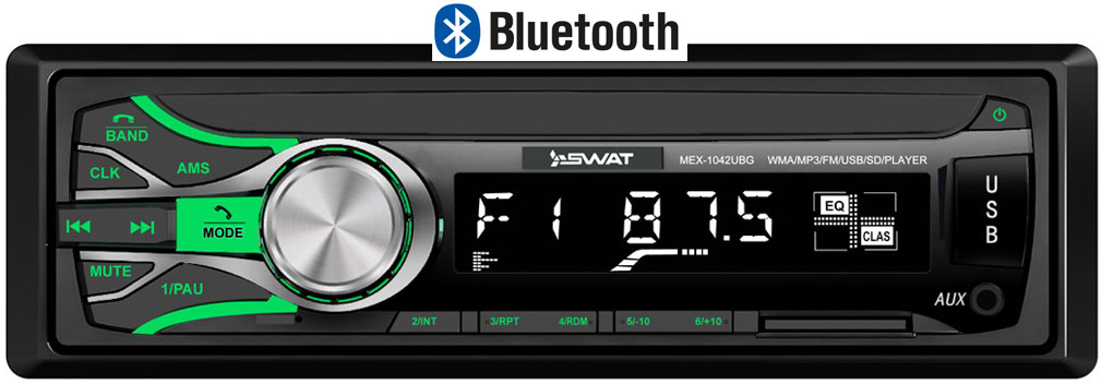 Авторесивер MP3 SWAT MEX-1042UBG 4x50Вт / BT/ USB/ SD/ AUX/ FM/ 4RCA зеленая подсветка