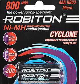 Аккумуляторы AAA (R3) 800mAh 1.2v NiMh ROBITON CYCLONE предзаряд, Цена за пару 