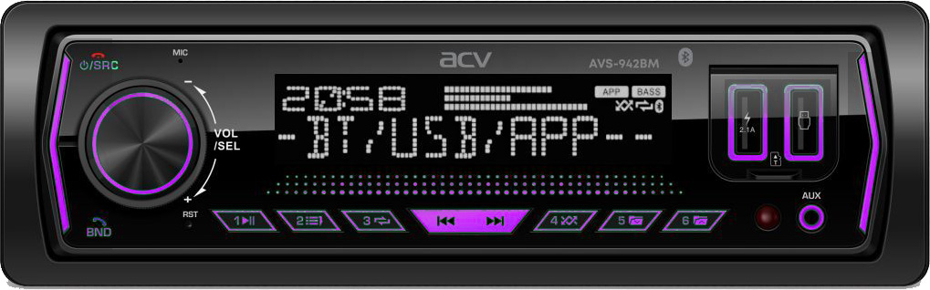 Авторесивер MP3 ACV AVS-942BM 4x50Вт / BT/ 2USB/ SD/ AUX/ FM/ 6RCA, цветная подсветка