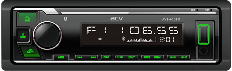 Авто MP3 ACV AVS-920BG 4x50Вт/ BT/ USB/ SD/ AUX/ FM/ 4RCA зелёная подсветка
