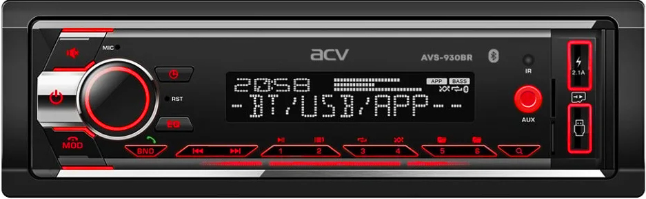 Авто MP3 ACV AVS-930BR 4x50Вт / BT/ 2USB/ SD/ AUX/ FM/ 6RCA красная подсветка