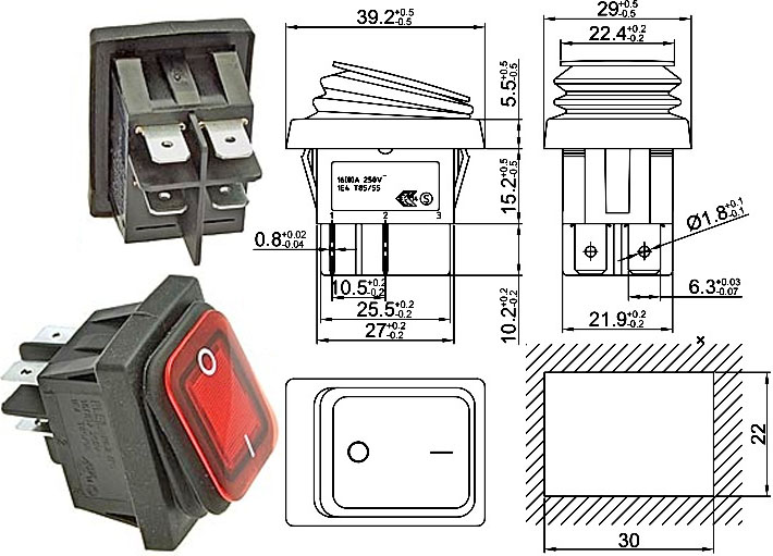 KR35b  SB091  220v IP65 on-off  . 30x22mm  