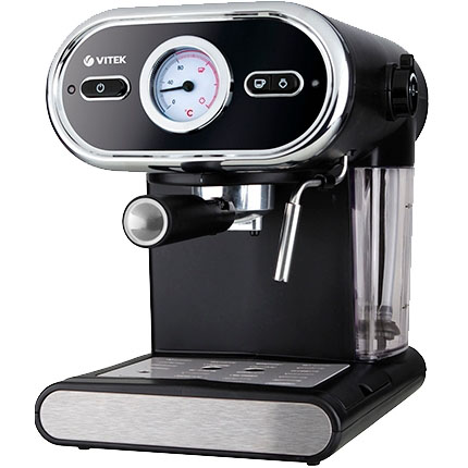 Кофеварка проточного типа VITEK VT-1525 с термометром, рожкового типа, для молотого кофе, давление 15 BAR, капучинатор, бак 1л, 1100W.
